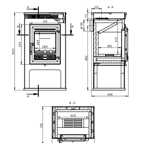 Печь-Камин ASTON 11кВт (180 м3) Ø150мм (Чугунная дверь)-3