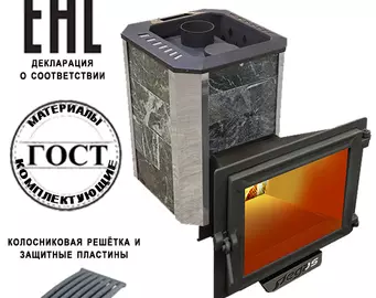 Печь для бани Пегас 16 чугун панорама в камне змеевик